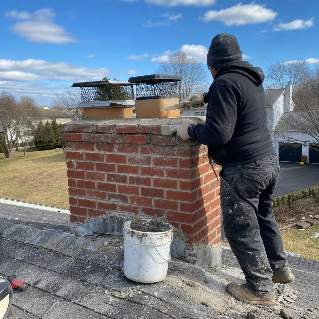 Technician performing chimney brick repair on a rooftop